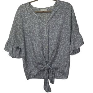 MAX STUDIO White & Black Patterned Tie-Front Blouse Bell Sleeves Size M